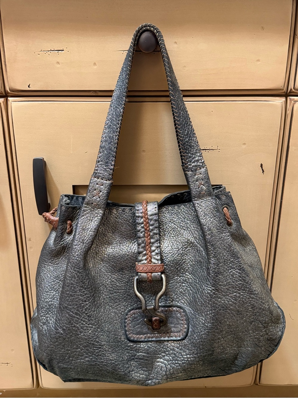 Carla Mancini Leather Tote Handbag in burnished platinum color